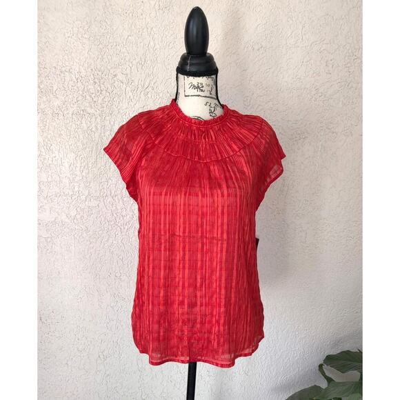 Nanette Lepore Short Cap Sleeve Blouse S Striped Metallic Ruffle Neck Orange Red - Picture 1 of 11